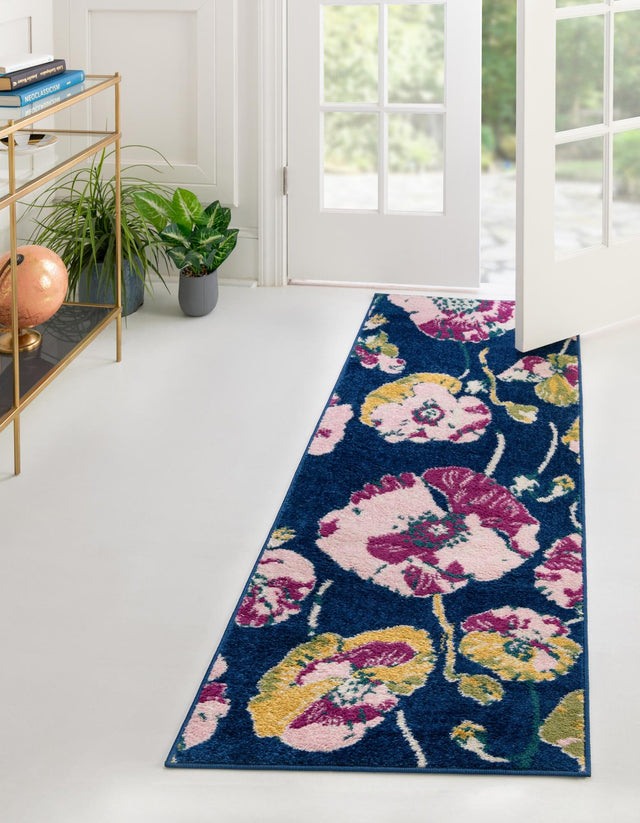 Navy Blue 2' x 6' Bloom Runner Area Rug 100% Polypropylene With Cotton Backing Easy Clean Colorful Blooming Flower Floral Carpet for Living Dining Room Office Dorms for Sale at Rug Engine