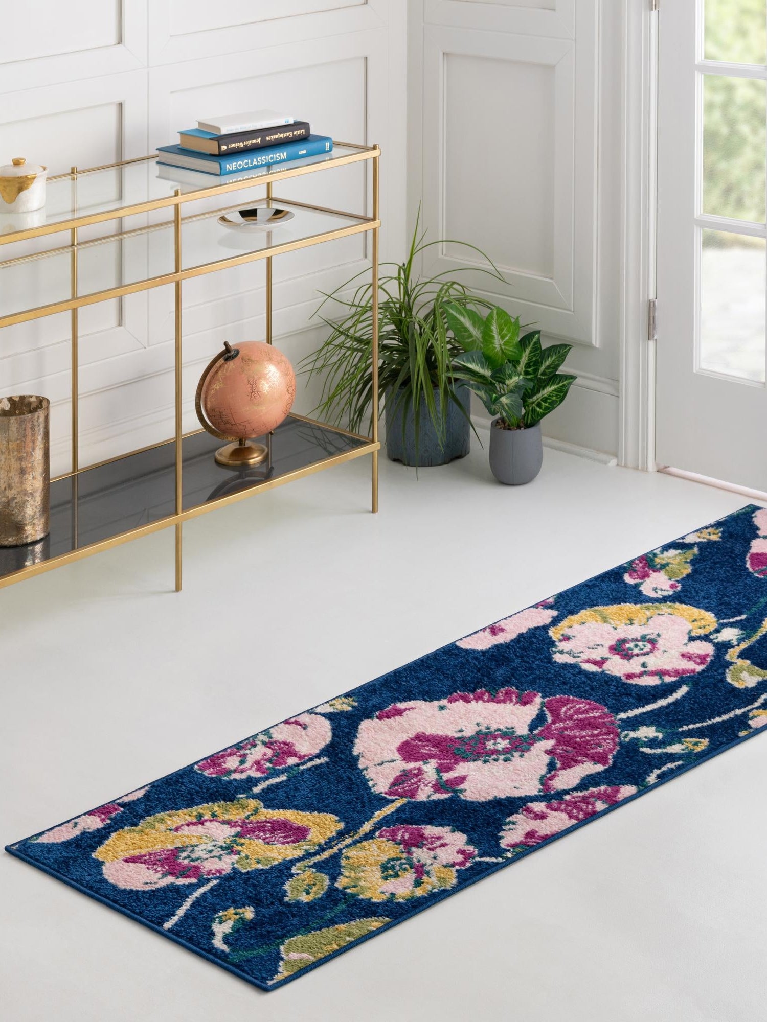Navy Blue 2' 7 x 12' Bloom Runner Area Rug 100% Polypropylene With Cotton Backing Easy Clean Colorful Blooming Flower Floral Carpet for Living Dining Room Office Dorms for Sale at Rug Engine