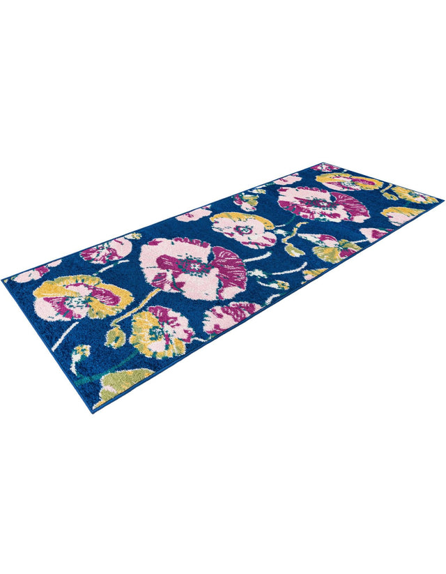 Navy Blue 2' x 8' Bloom Runner Area Rug 100% Polypropylene With Cotton Backing Easy Clean Colorful Blooming Flower Floral Carpet for Living Dining Room Office Dorms for Sale at Rug Engine