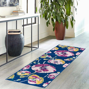Navy Blue 2' x 8' Bloom Runner Area Rug 100% Polypropylene With Cotton Backing Easy Clean Colorful Blooming Flower Floral Carpet for Living Dining Room Office Dorms for Sale at Rug Engine