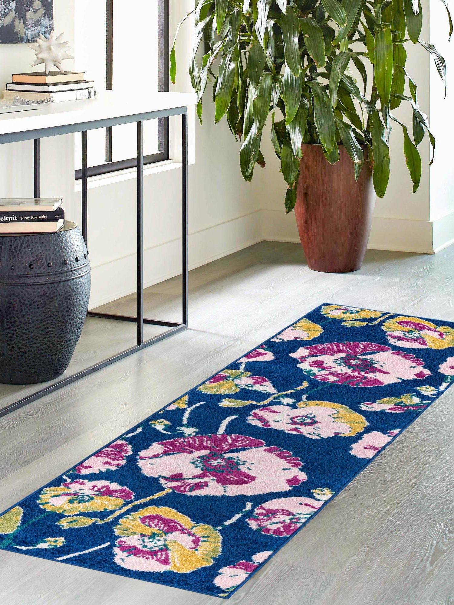 Navy Blue 2' x 6' Bloom Runner Area Rug 100% Polypropylene With Cotton Backing Easy Clean Colorful Blooming Flower Floral Carpet for Living Dining Room Office Dorms for Sale at Rug Engine