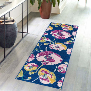 Navy Blue 2' x 8' Bloom Runner Area Rug 100% Polypropylene With Cotton Backing Easy Clean Colorful Blooming Flower Floral Carpet for Living Dining Room Office Dorms for Sale at Rug Engine