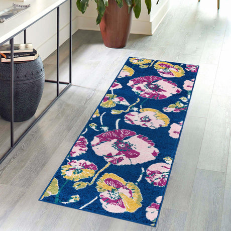 Navy Blue 2' x 8' Bloom Runner Area Rug 100% Polypropylene With Cotton Backing Easy Clean Colorful Blooming Flower Floral Carpet for Living Dining Room Office Dorms for Sale at Rug Engine