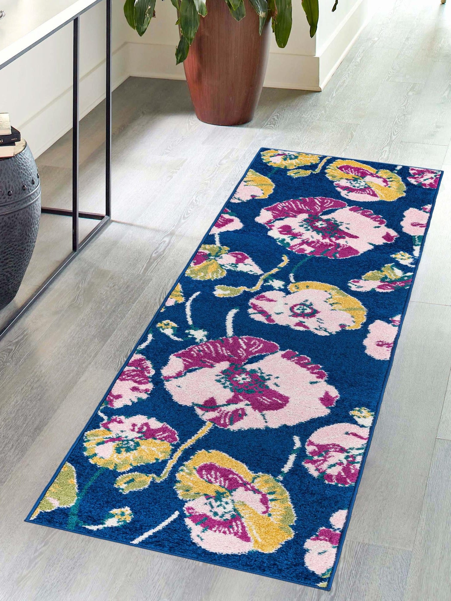 Navy Blue 2' x 6' Bloom Runner Area Rug 100% Polypropylene With Cotton Backing Easy Clean Colorful Blooming Flower Floral Carpet for Living Dining Room Office Dorms for Sale at Rug Engine