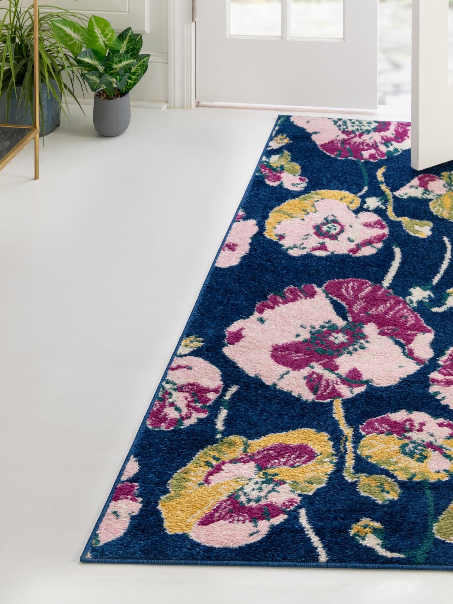 Navy Blue 2' x 6' Bloom Runner Area Rug 100% Polypropylene With Cotton Backing Easy Clean Colorful Blooming Flower Floral Carpet for Living Dining Room Office Dorms for Sale at Rug Engine