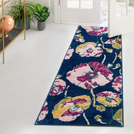 Navy Blue 2' x 6' Bloom Runner Area Rug 100% Polypropylene With Cotton Backing Easy Clean Colorful Blooming Flower Floral Carpet for Living Dining Room Office Dorms for Sale at Rug Engine