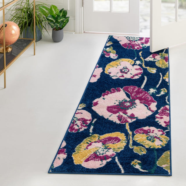 Navy Blue 2' 7 x 12' Bloom Runner Area Rug 100% Polypropylene With Cotton Backing Easy Clean Colorful Blooming Flower Floral Carpet for Living Dining Room Office Dorms for Sale at Rug Engine