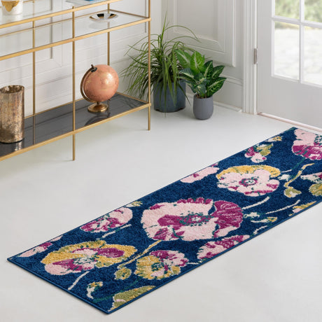 Navy Blue 2' x 6' Bloom Runner Area Rug 100% Polypropylene With Cotton Backing Easy Clean Colorful Blooming Flower Floral Carpet for Living Dining Room Office Dorms for Sale at Rug Engine