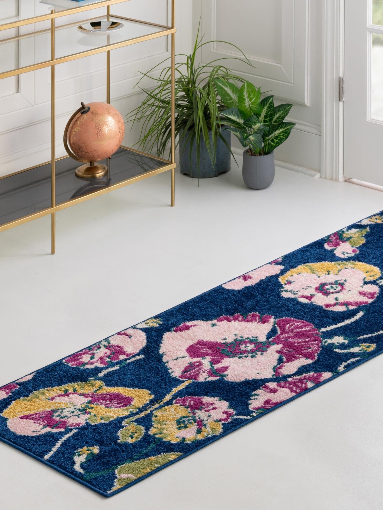 Navy Blue 2' 7 x 12' Bloom Runner Area Rug 100% Polypropylene With Cotton Backing Easy Clean Colorful Blooming Flower Floral Carpet for Living Dining Room Office Dorms for Sale at Rug Engine