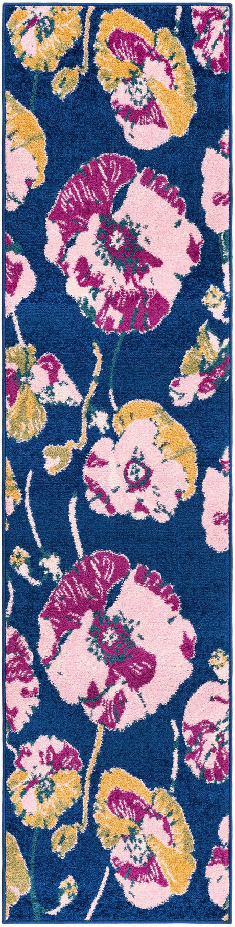 Navy Blue 2' x 8' Bloom Runner Area Rug 100% Polypropylene With Cotton Backing Easy Clean Colorful Blooming Flower Floral Carpet for Living Dining Room Office Dorms for Sale at Rug Engine