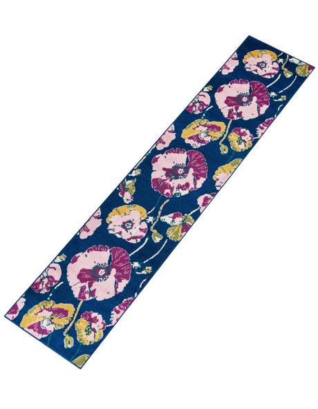 Navy Blue 2' 7 x 12' Bloom Runner Area Rug 100% Polypropylene With Cotton Backing Easy Clean Colorful Blooming Flower Floral Carpet for Living Dining Room Office Dorms for Sale at Rug Engine