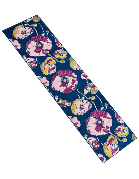 Navy Blue 2' 7 x 12' Bloom Runner Area Rug 100% Polypropylene With Cotton Backing Easy Clean Colorful Blooming Flower Floral Carpet for Living Dining Room Office Dorms for Sale at Rug Engine