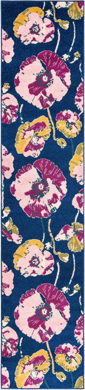 Navy Blue 2' 7 x 12' Bloom Runner Area Rug 100% Polypropylene With Cotton Backing Easy Clean Colorful Blooming Flower Floral Carpet for Living Dining Room Office Dorms for Sale at Rug Engine