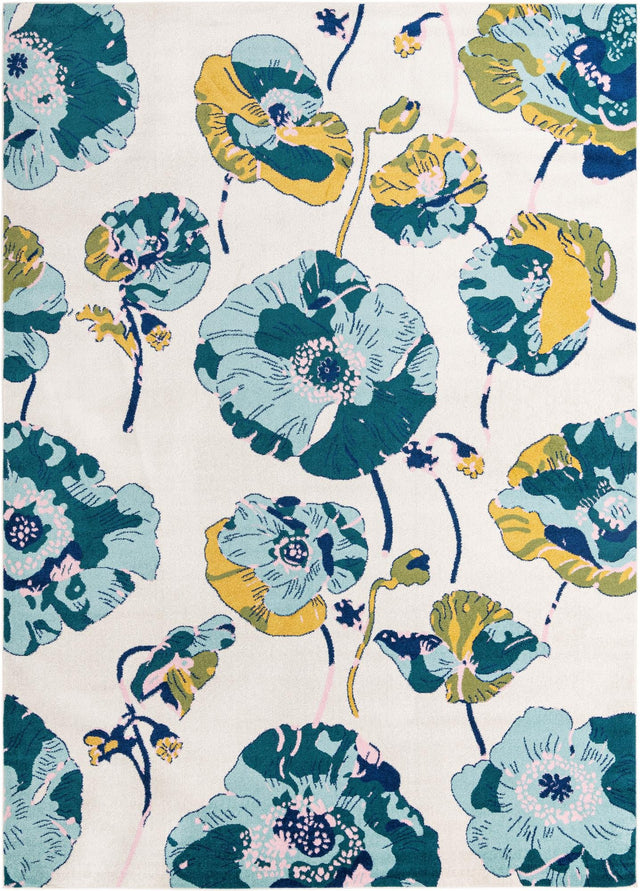 White 10' x 14' Bloom Rectangle Area Rug 100% Polypropylene With Cotton Backing Easy Clean Colorful Blooming Flower Floral Carpet for Living Dining Room Office Dorms for Sale at Rug Engine