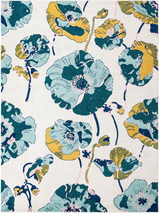 White 9' x 12' Bloom Rectangle Area Rug 100% Polypropylene With Cotton Backing Easy Clean Colorful Blooming Flower Floral Carpet for Living Dining Room Office Dorms for Sale at Rug Engine