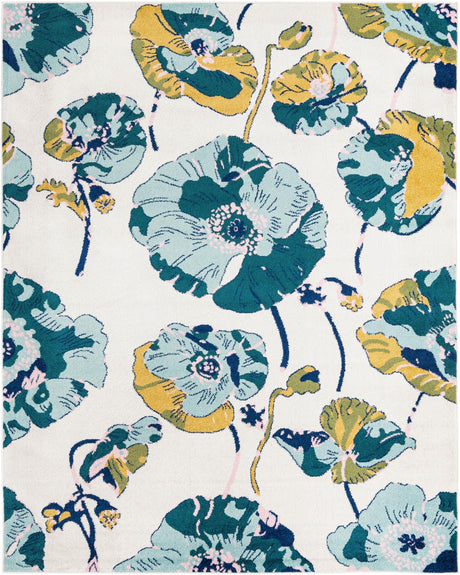 White 7' 10 x 10' Bloom Rectangle Area Rug 100% Polypropylene With Cotton Backing Easy Clean Colorful Blooming Flower Floral Carpet for Living Dining Room Office Dorms for Sale at Rug Engine