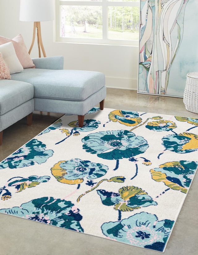 White 4' x 6' Bloom Rectangle Area Rug 100% Polypropylene With Cotton Backing Easy Clean Colorful Blooming Flower Floral Carpet for Living Dining Room Office Dorms for Sale at Rug Engine