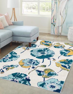 White 10' x 14' Bloom Rectangle Area Rug 100% Polypropylene With Cotton Backing Easy Clean Colorful Blooming Flower Floral Carpet for Living Dining Room Office Dorms for Sale at Rug Engine