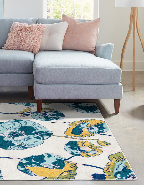 White 5' 3 x 8' Bloom Rectangle Area Rug 100% Polypropylene With Cotton Backing Easy Clean Colorful Blooming Flower Floral Carpet for Living Dining Room Office Dorms for Sale at Rug Engine