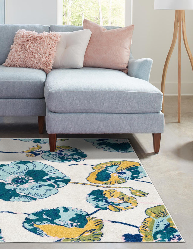 White 6' x 9' Bloom Rectangle Area Rug 100% Polypropylene With Cotton Backing Easy Clean Colorful Blooming Flower Floral Carpet for Living Dining Room Office Dorms for Sale at Rug Engine
