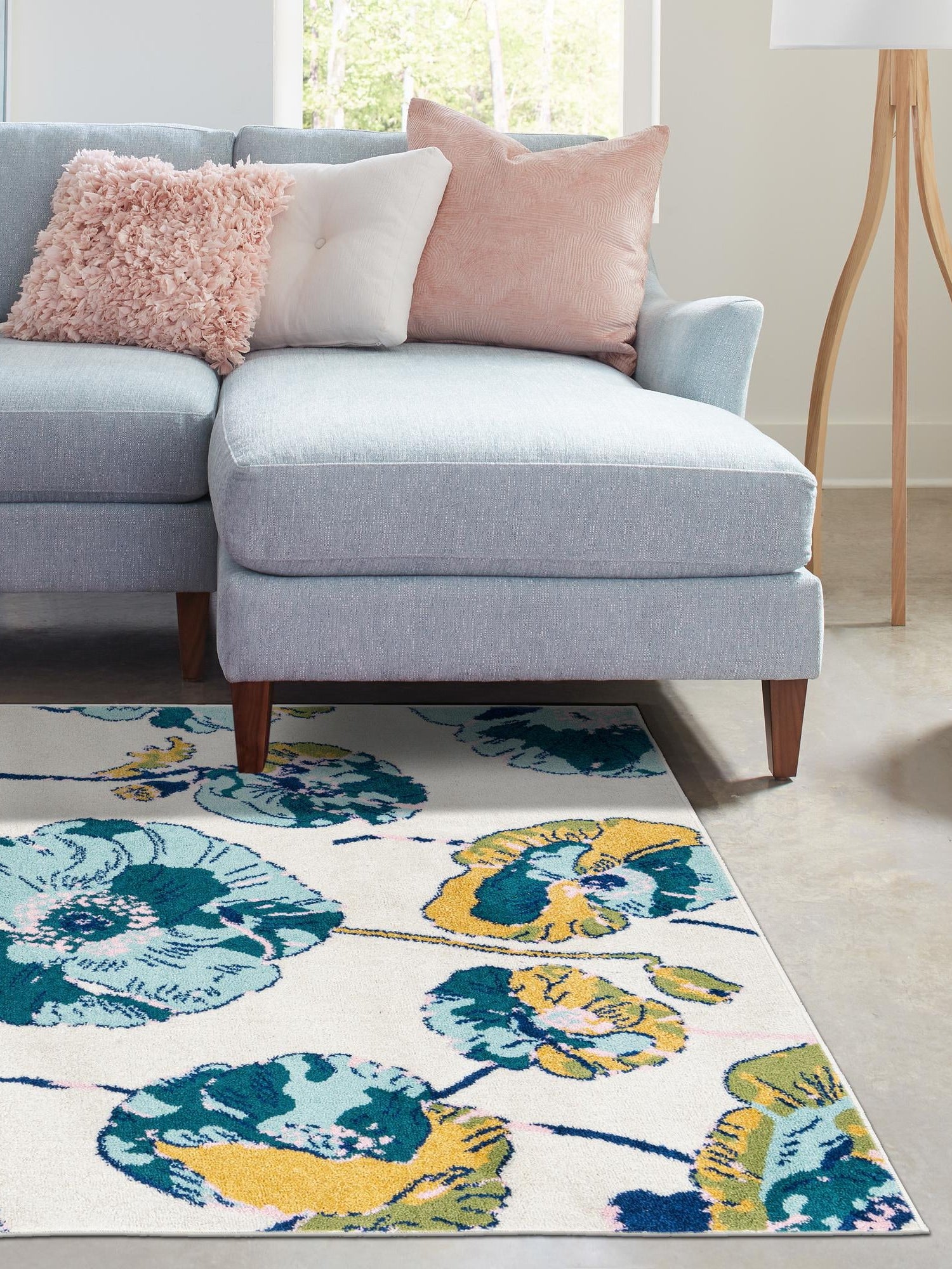 White 10' x 14' Bloom Rectangle Area Rug 100% Polypropylene With Cotton Backing Easy Clean Colorful Blooming Flower Floral Carpet for Living Dining Room Office Dorms for Sale at Rug Engine