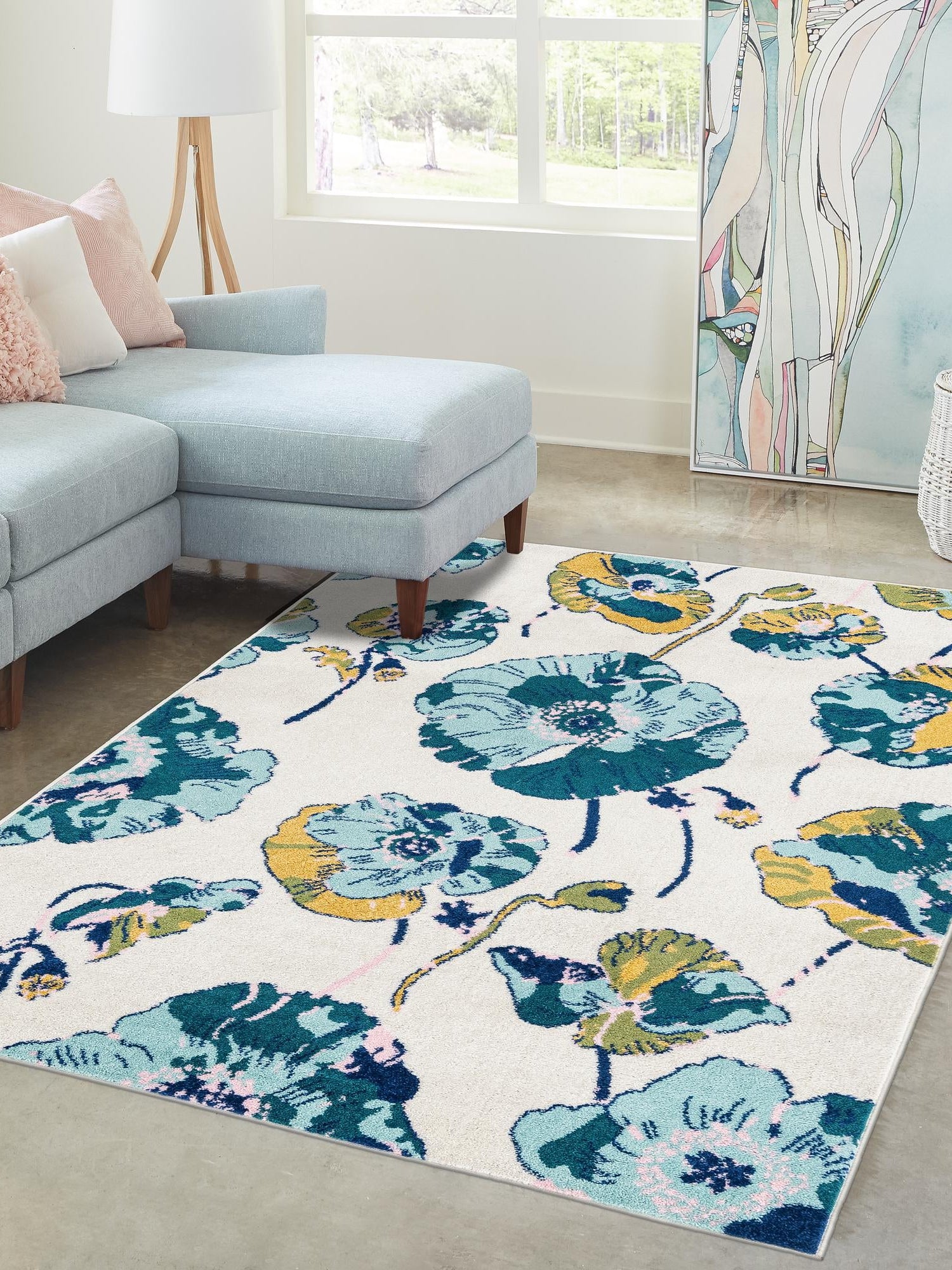 White 6' x 9' Bloom Rectangle Area Rug 100% Polypropylene With Cotton Backing Easy Clean Colorful Blooming Flower Floral Carpet for Living Dining Room Office Dorms for Sale at Rug Engine
