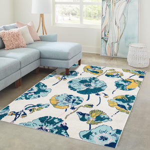 White 7' 10 x 10' Bloom Rectangle Area Rug 100% Polypropylene With Cotton Backing Easy Clean Colorful Blooming Flower Floral Carpet for Living Dining Room Office Dorms for Sale at Rug Engine
