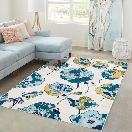 White 9' x 12' Bloom Rectangle Area Rug 100% Polypropylene With Cotton Backing Easy Clean Colorful Blooming Flower Floral Carpet for Living Dining Room Office Dorms for Sale at Rug Engine