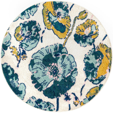 White 3' 3 x 3' 3 Bloom Round Area Rug 100% Polypropylene With Cotton Backing Easy Clean Colorful Blooming Flower Floral Carpet for Living Dining Room Office Dorms for Sale at Rug Engine