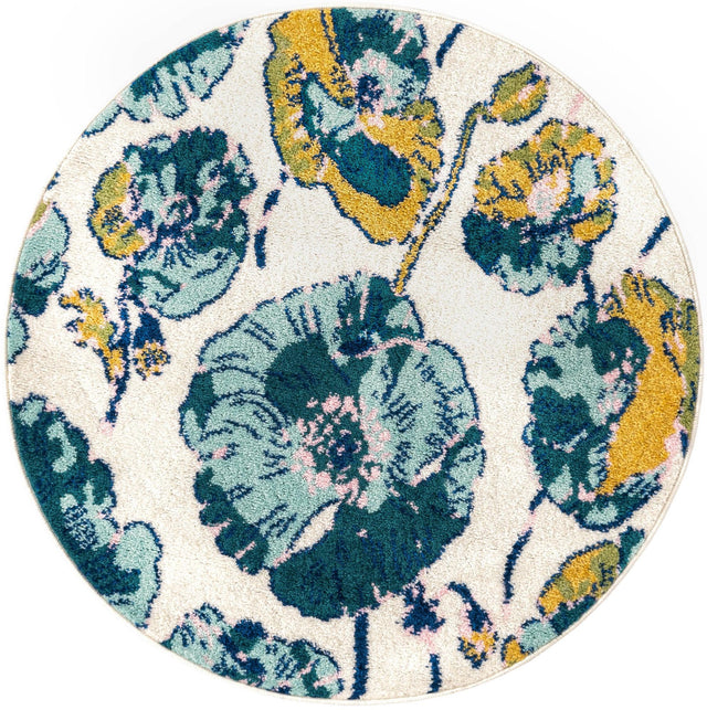 White 3' 3 x 3' 3 Bloom Round Area Rug 100% Polypropylene With Cotton Backing Easy Clean Colorful Blooming Flower Floral Carpet for Living Dining Room Office Dorms for Sale at Rug Engine