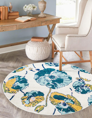 White 5' 3 x 5' 3 Bloom Round Area Rug 100% Polypropylene With Cotton Backing Easy Clean Colorful Blooming Flower Floral Carpet for Living Dining Room Office Dorms for Sale at Rug Engine