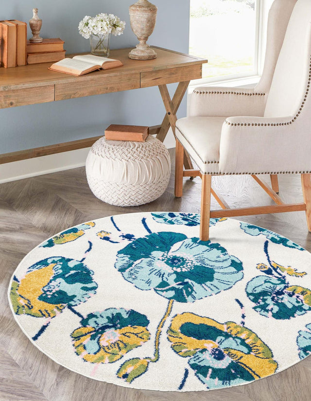 White 7' x 7' Bloom Round Area Rug 100% Polypropylene With Cotton Backing Easy Clean Colorful Blooming Flower Floral Carpet for Living Dining Room Office Dorms for Sale at Rug Engine