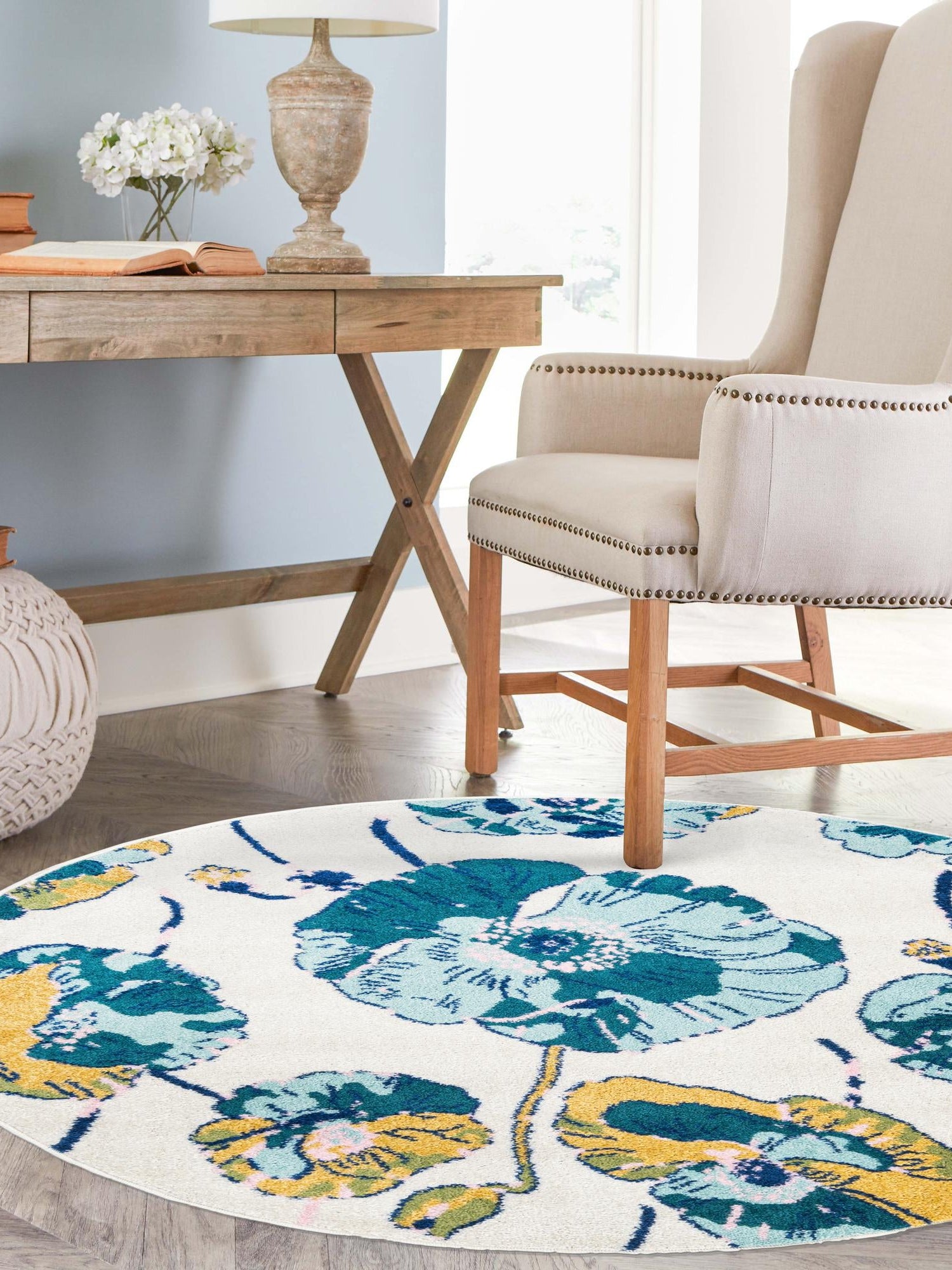 White 7' x 7' Bloom Round Area Rug 100% Polypropylene With Cotton Backing Easy Clean Colorful Blooming Flower Floral Carpet for Living Dining Room Office Dorms for Sale at Rug Engine