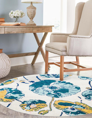 White 7' x 7' Bloom Round Area Rug 100% Polypropylene With Cotton Backing Easy Clean Colorful Blooming Flower Floral Carpet for Living Dining Room Office Dorms for Sale at Rug Engine