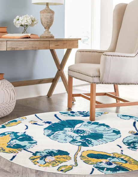 White 7' x 7' Bloom Round Area Rug 100% Polypropylene With Cotton Backing Easy Clean Colorful Blooming Flower Floral Carpet for Living Dining Room Office Dorms for Sale at Rug Engine