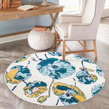White 5' 3 x 5' 3 Bloom Round Area Rug 100% Polypropylene With Cotton Backing Easy Clean Colorful Blooming Flower Floral Carpet for Living Dining Room Office Dorms for Sale at Rug Engine