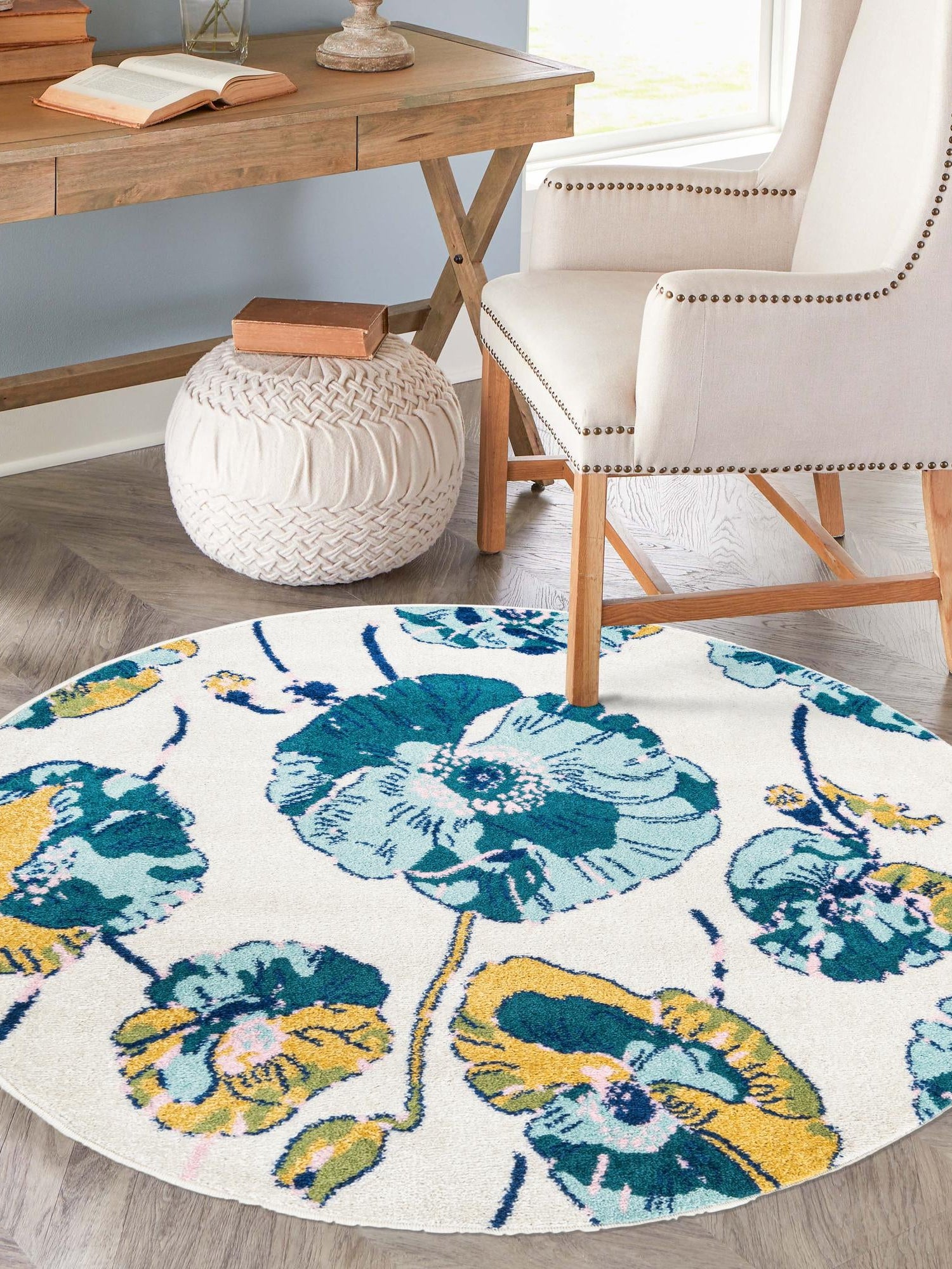 White 3' 3 x 3' 3 Bloom Round Area Rug 100% Polypropylene With Cotton Backing Easy Clean Colorful Blooming Flower Floral Carpet for Living Dining Room Office Dorms for Sale at Rug Engine