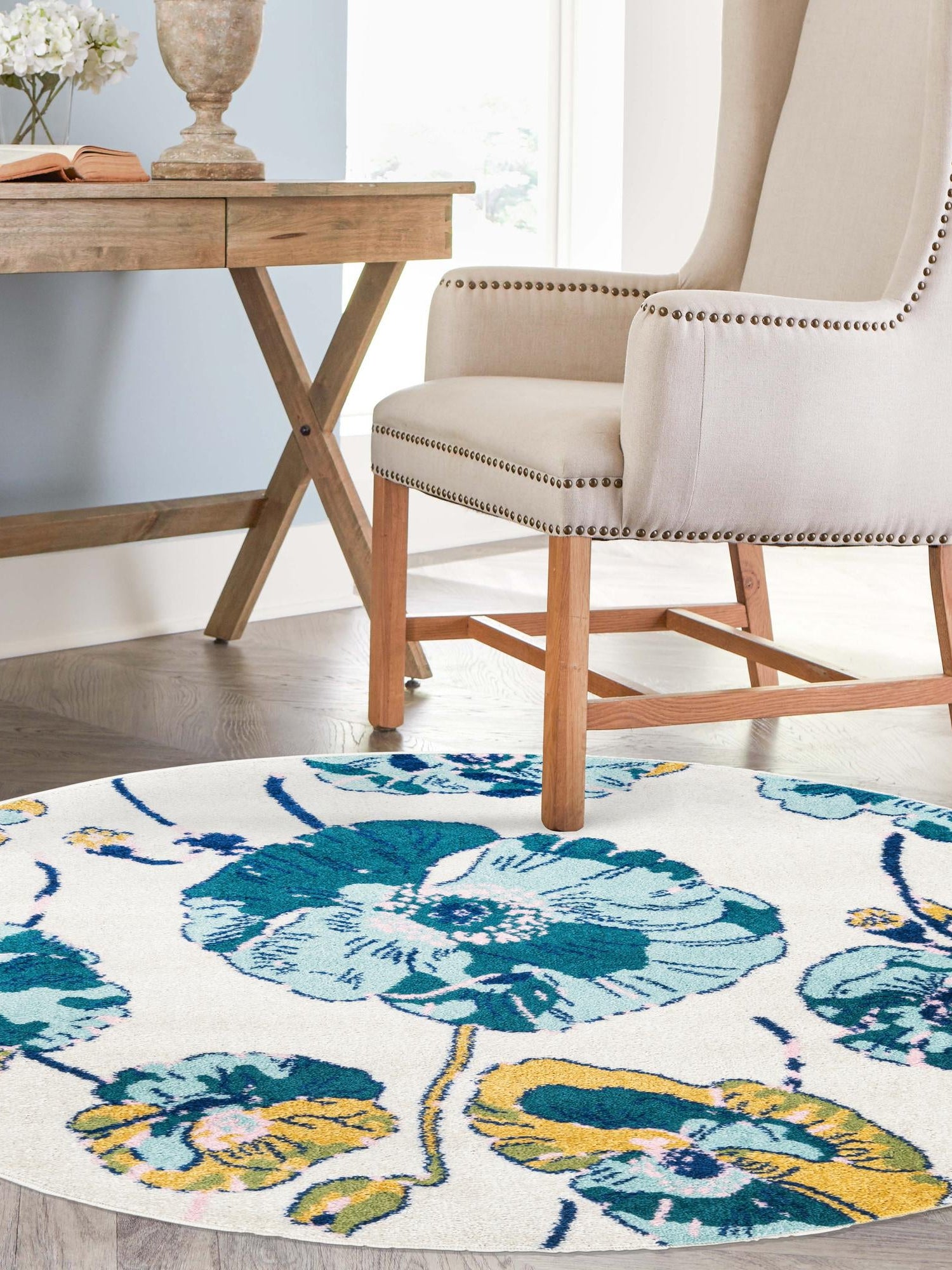 White 3' 3 x 3' 3 Bloom Round Area Rug 100% Polypropylene With Cotton Backing Easy Clean Colorful Blooming Flower Floral Carpet for Living Dining Room Office Dorms for Sale at Rug Engine