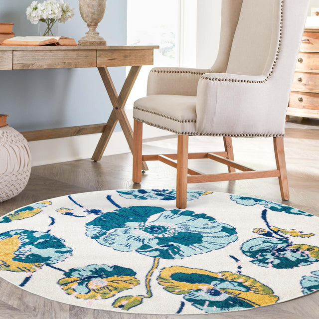 White 3' 3 x 3' 3 Bloom Round Area Rug 100% Polypropylene With Cotton Backing Easy Clean Colorful Blooming Flower Floral Carpet for Living Dining Room Office Dorms for Sale at Rug Engine