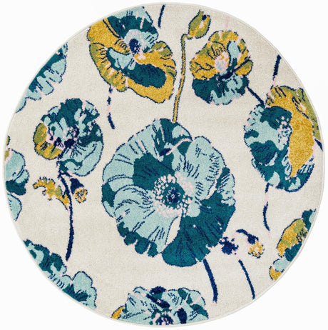 White 5' 3 x 5' 3 Bloom Round Area Rug 100% Polypropylene With Cotton Backing Easy Clean Colorful Blooming Flower Floral Carpet for Living Dining Room Office Dorms for Sale at Rug Engine
