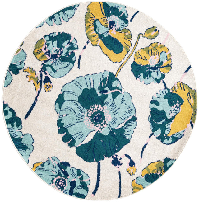 White 6' x 6' Bloom Round Area Rug 100% Polypropylene With Cotton Backing Easy Clean Colorful Blooming Flower Floral Carpet for Living Dining Room Office Dorms for Sale at Rug Engine