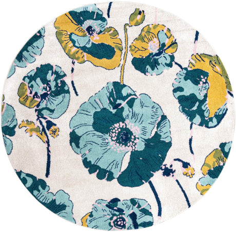 White 7' x 7' Bloom Round Area Rug 100% Polypropylene With Cotton Backing Easy Clean Colorful Blooming Flower Floral Carpet for Living Dining Room Office Dorms for Sale at Rug Engine