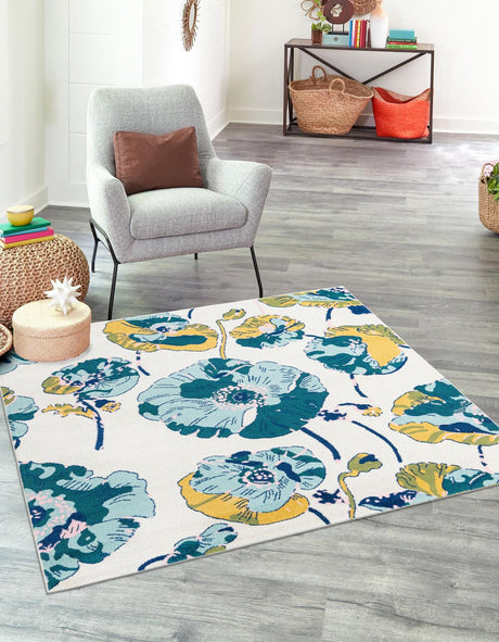 White 7' 10 x 7' 10 Bloom Square Area Rug 100% Polypropylene With Cotton Backing Easy Clean Colorful Blooming Flower Floral Carpet for Living Dining Room Office Dorms for Sale at Rug Engine