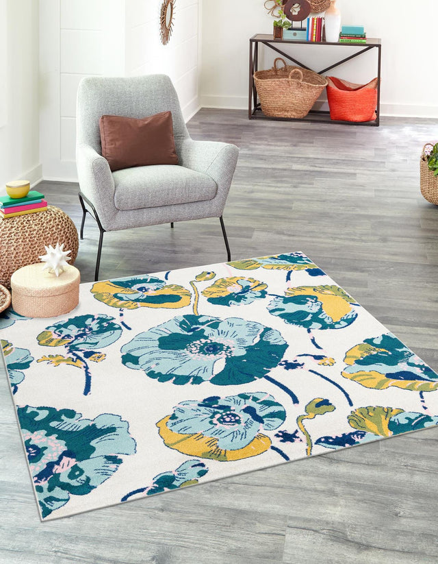 White 7' 10 x 7' 10 Bloom Square Area Rug 100% Polypropylene With Cotton Backing Easy Clean Colorful Blooming Flower Floral Carpet for Living Dining Room Office Dorms for Sale at Rug Engine