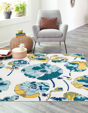 White 7' 10 x 7' 10 Bloom Square Area Rug 100% Polypropylene With Cotton Backing Easy Clean Colorful Blooming Flower Floral Carpet for Living Dining Room Office Dorms for Sale at Rug Engine