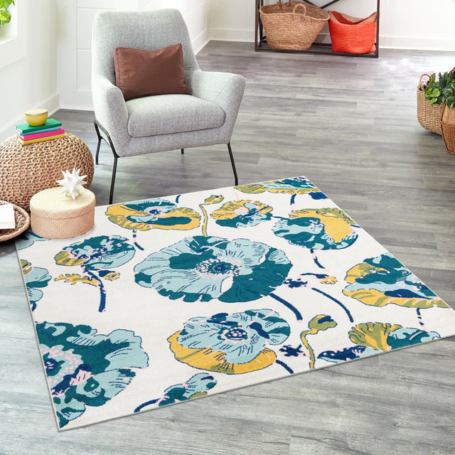 White 7' 10 x 7' 10 Bloom Square Area Rug 100% Polypropylene With Cotton Backing Easy Clean Colorful Blooming Flower Floral Carpet for Living Dining Room Office Dorms for Sale at Rug Engine