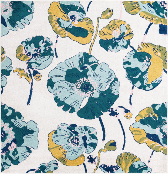 White 7' 10 x 7' 10 Bloom Square Area Rug 100% Polypropylene With Cotton Backing Easy Clean Colorful Blooming Flower Floral Carpet for Living Dining Room Office Dorms for Sale at Rug Engine