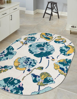 White 5' 3 x 7' 10 Bloom Oval Area Rug 100% Polypropylene With Cotton Backing Easy Clean Colorful Blooming Flower Floral Carpet for Living Dining Room Office Dorms for Sale at Rug Engine