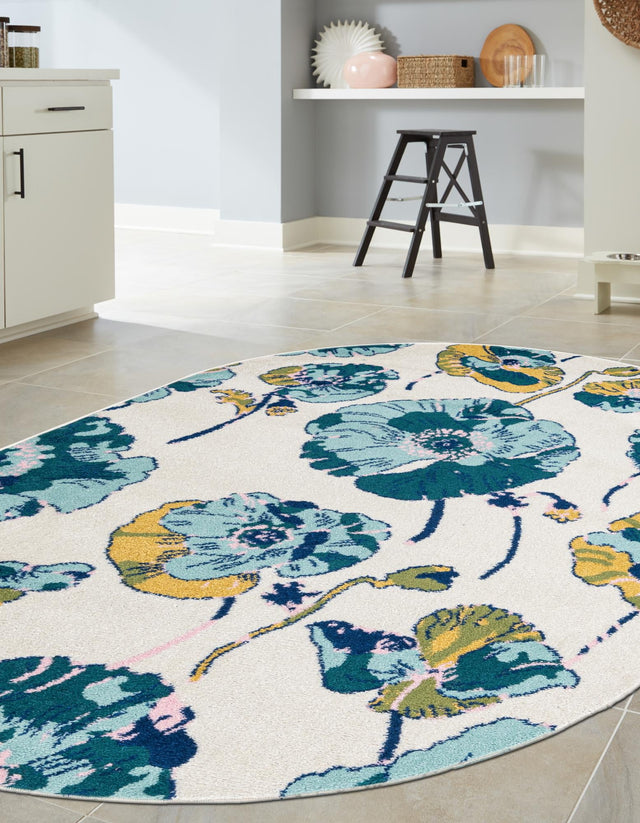 White 6' x 9' Bloom Oval Area Rug 100% Polypropylene With Cotton Backing Easy Clean Colorful Blooming Flower Floral Carpet for Living Dining Room Office Dorms for Sale at Rug Engine