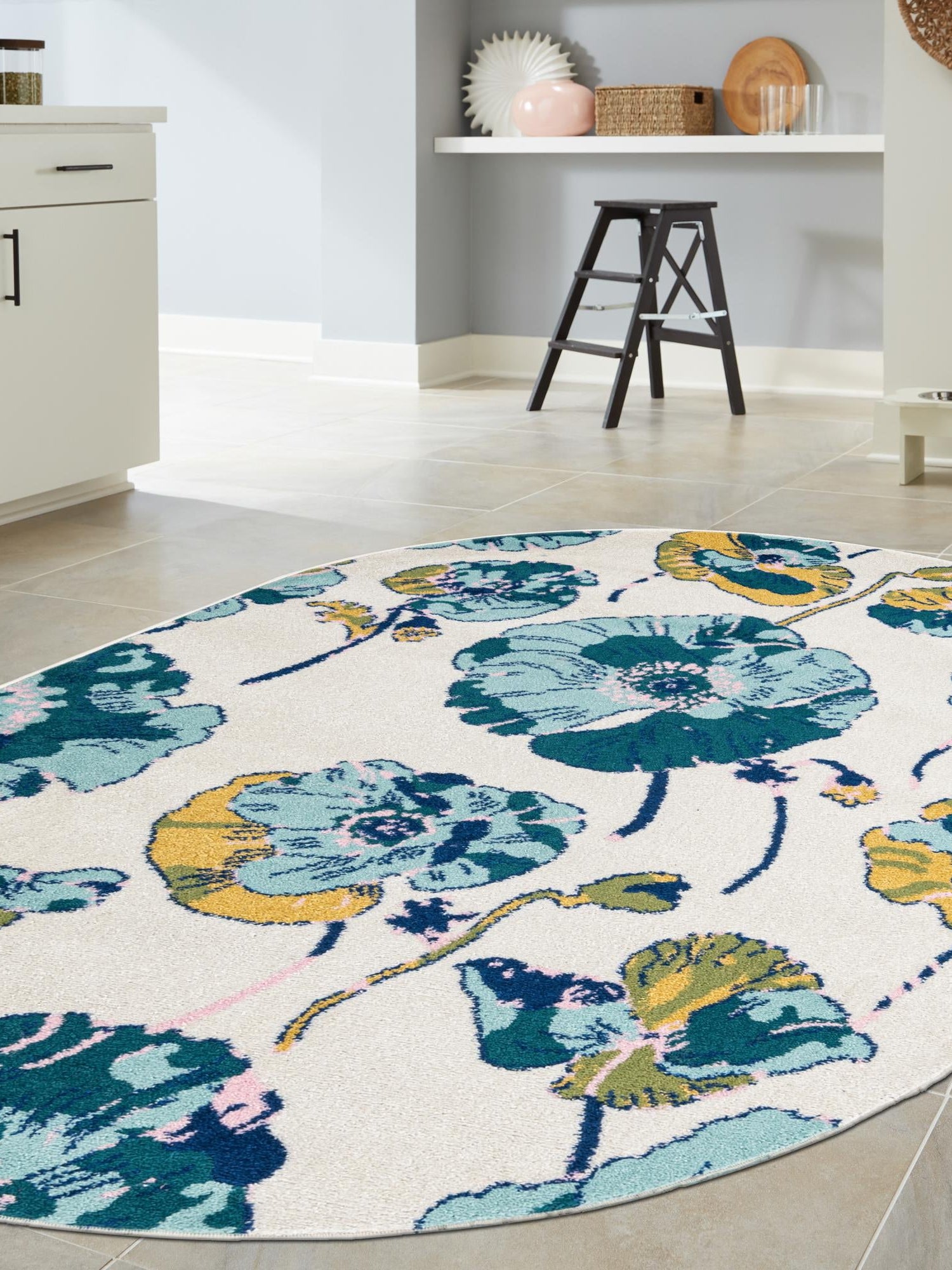 White 5' 3 x 7' 10 Bloom Oval Area Rug 100% Polypropylene With Cotton Backing Easy Clean Colorful Blooming Flower Floral Carpet for Living Dining Room Office Dorms for Sale at Rug Engine